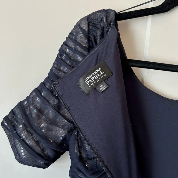Adrianna Papell Evening Women's Dress Size 8P Navy Mesh Short Sleeve Party Event - Picture 7 of 11